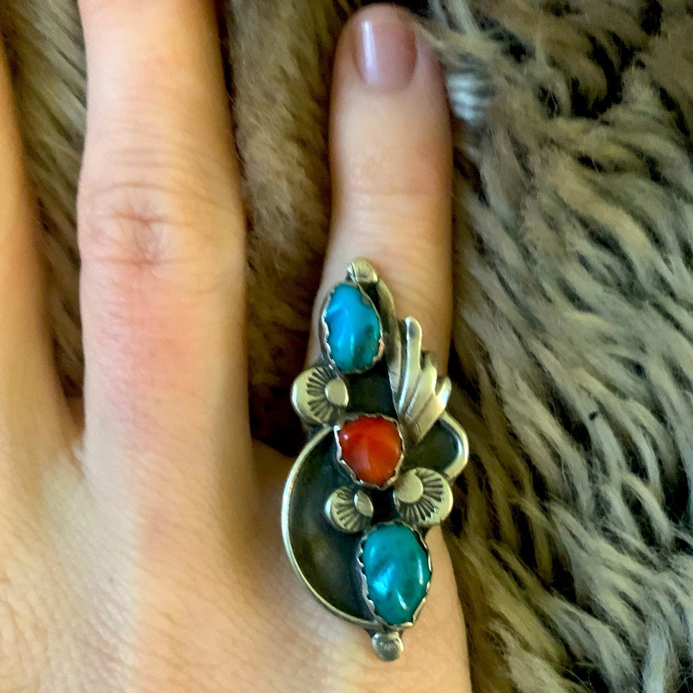 Turquoise and Coral Pinky Ring
